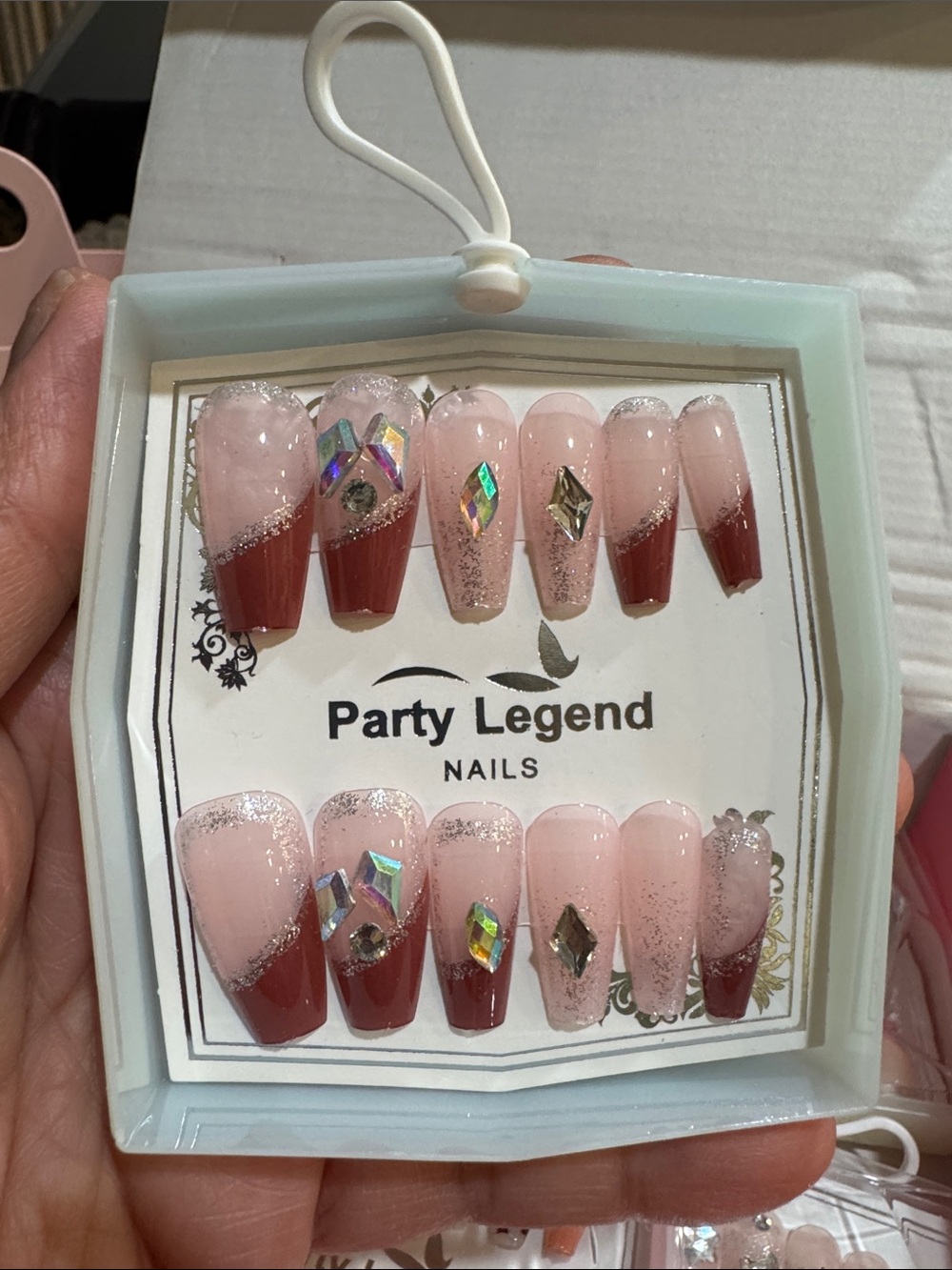 Pink & Burgundy Rhinestone Press-On Nail Set